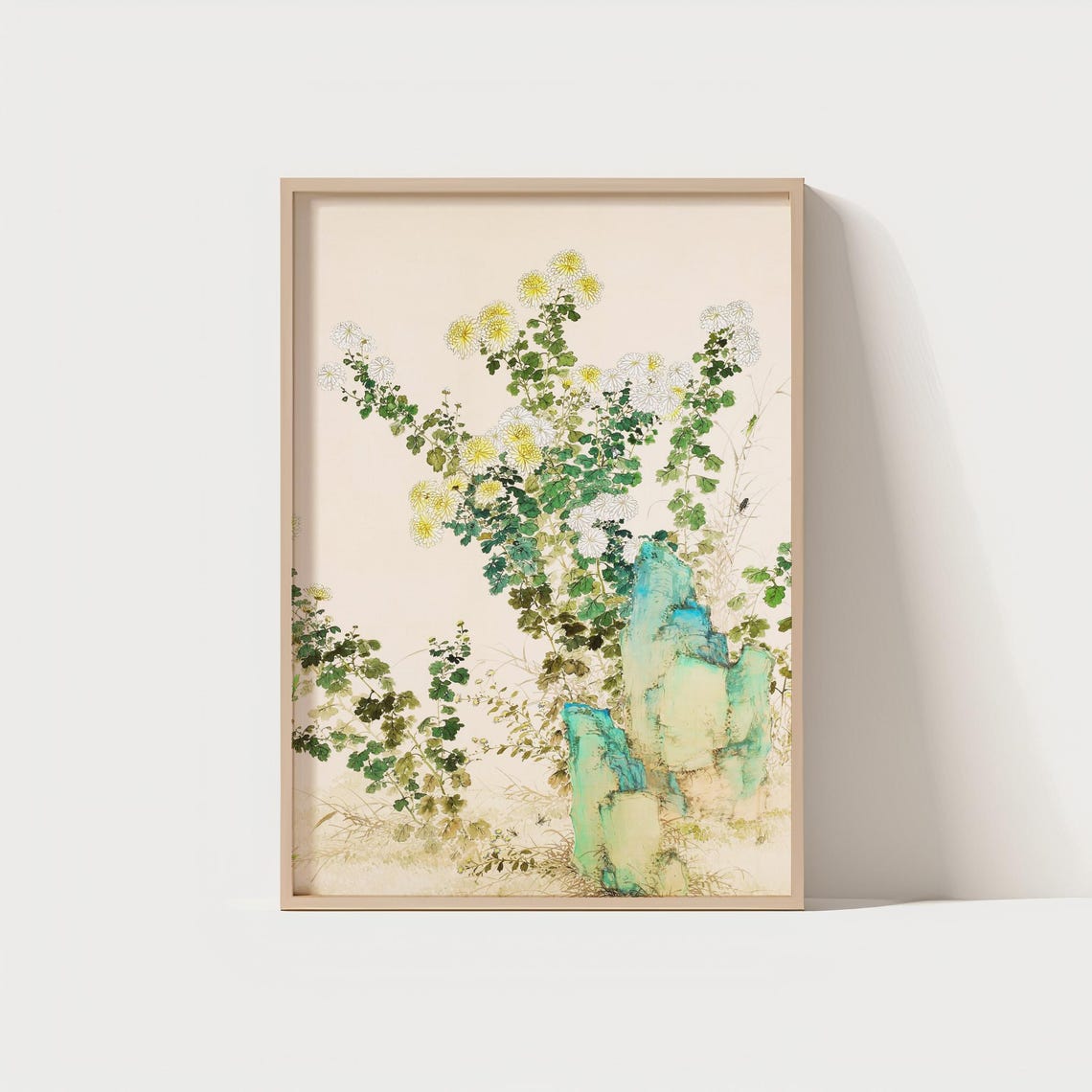 Vintage Chrysanthemum Botanical Poster with Jade Green Floral Artwork