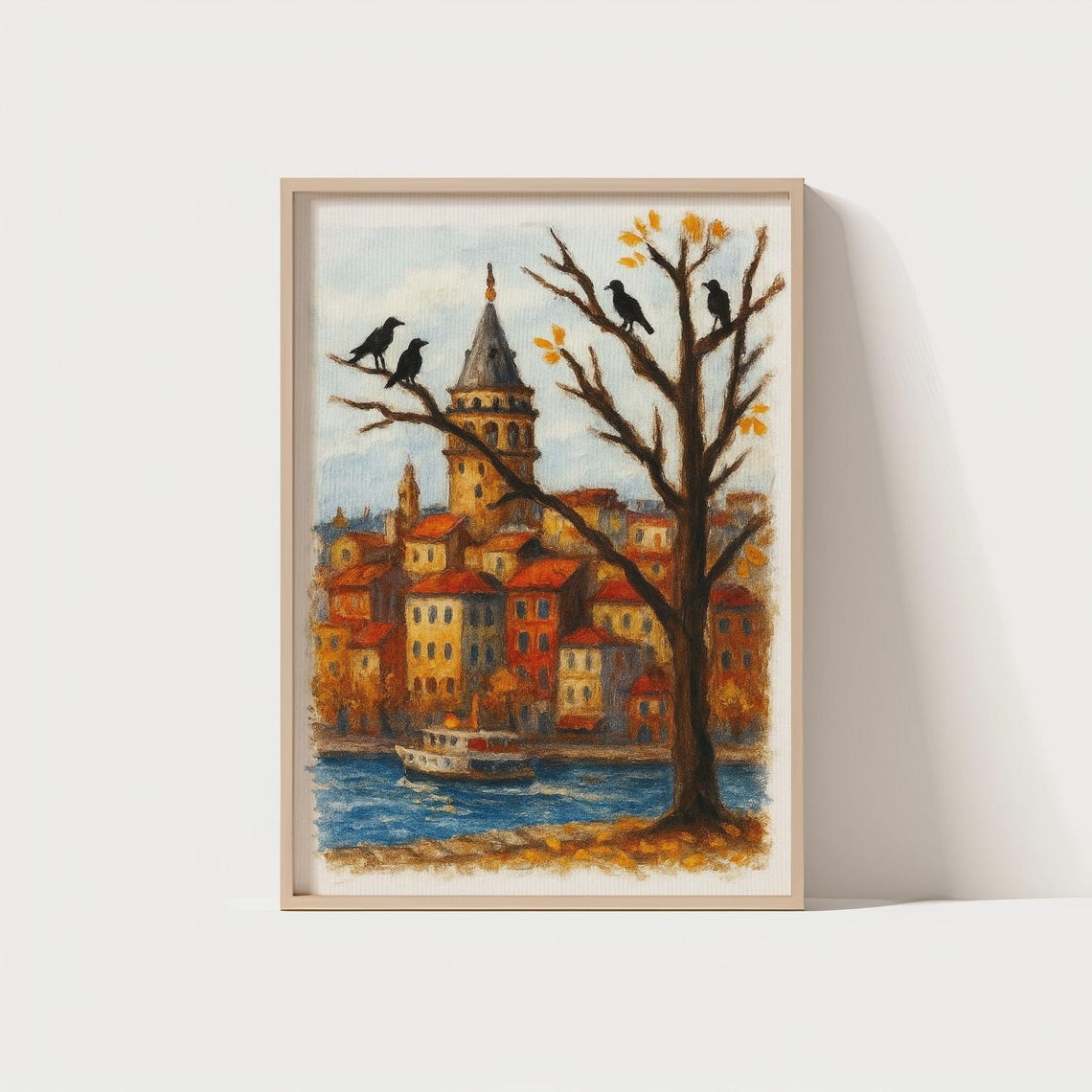 Galata Tower Istanbul Autumn Bosphorus Cityscape with Crows Poster