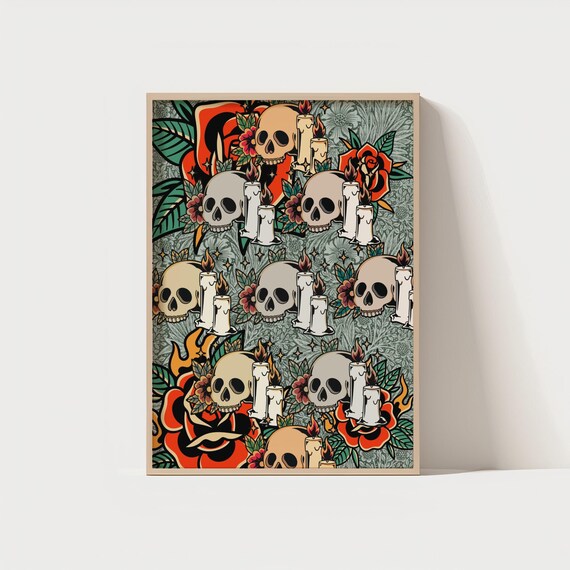 Repeating Skull and Candle Tattoo Flash Pattern Gothic Poster