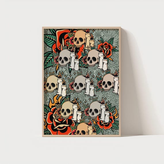 Repeating Skull Candle Art Print Tattoo Pattern Poster Gothic Floral Wall 300 Dpi