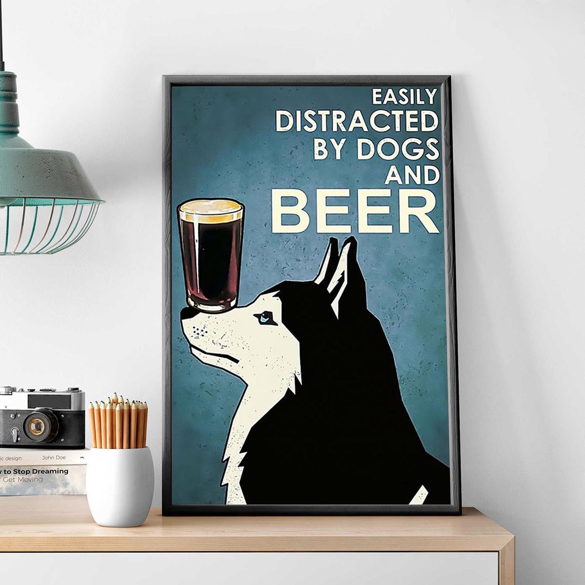 Easily Distracted By Dogs And Beer Funny Husky Beer Balancing Poster - Image 3