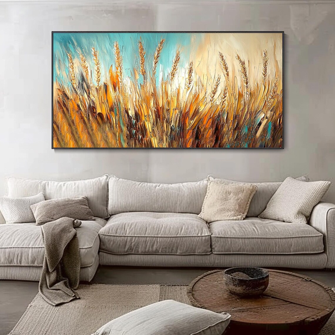 Golden Wheat Field Turquoise Sky Textured Harvest Oil Art Poster - Image 4