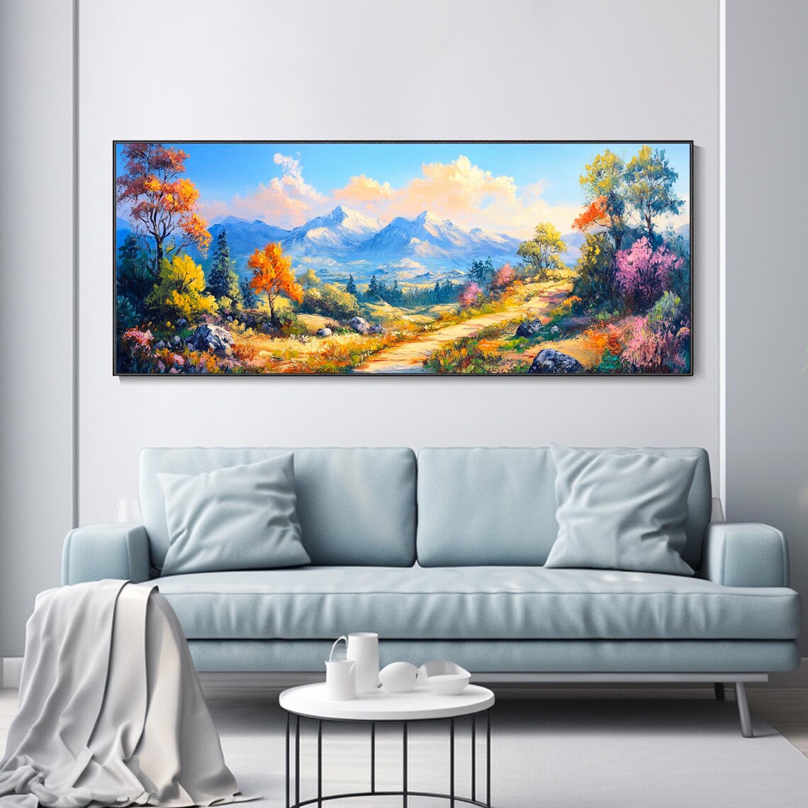 Autumn Mountain Path Meadow Snowy Peaks Colorful Impasto Art Poster - Image 4