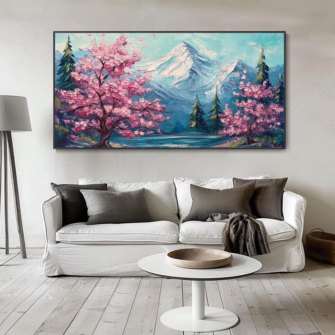 Pink Cherry Blossom Tree Snowy Mountain Lake Landscape Art Poster - Image 4