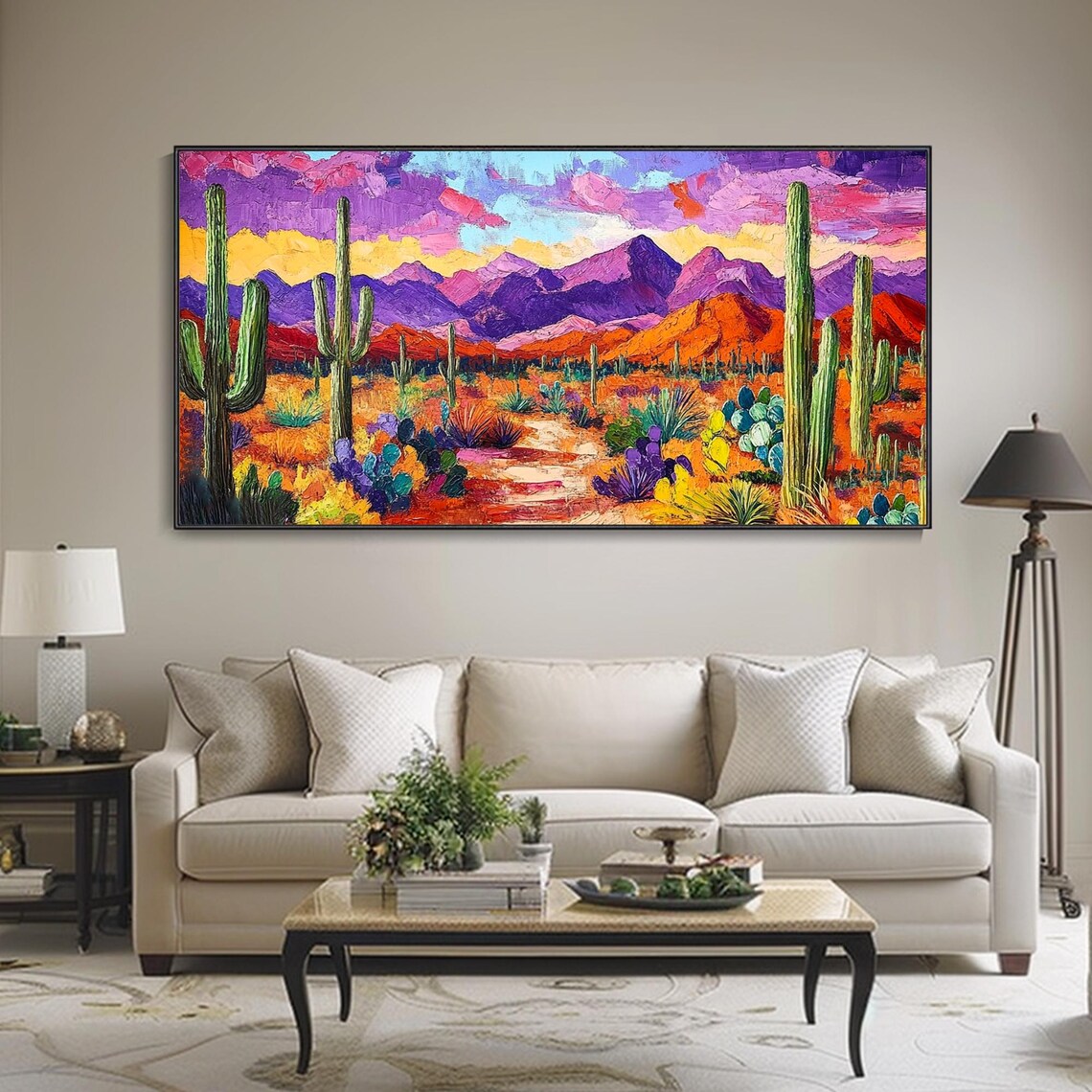 Vibrant Saguaro Desert Purple Mountains Wildflower Impasto Art Poster - Image 2