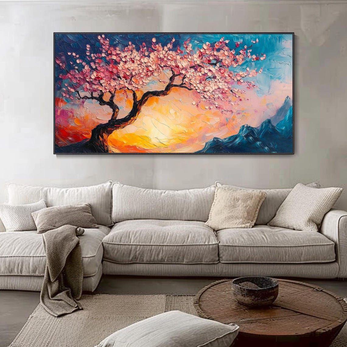 Cherry Blossom Tree Sunset Blue Mountains Impasto Art Poster - Image 4