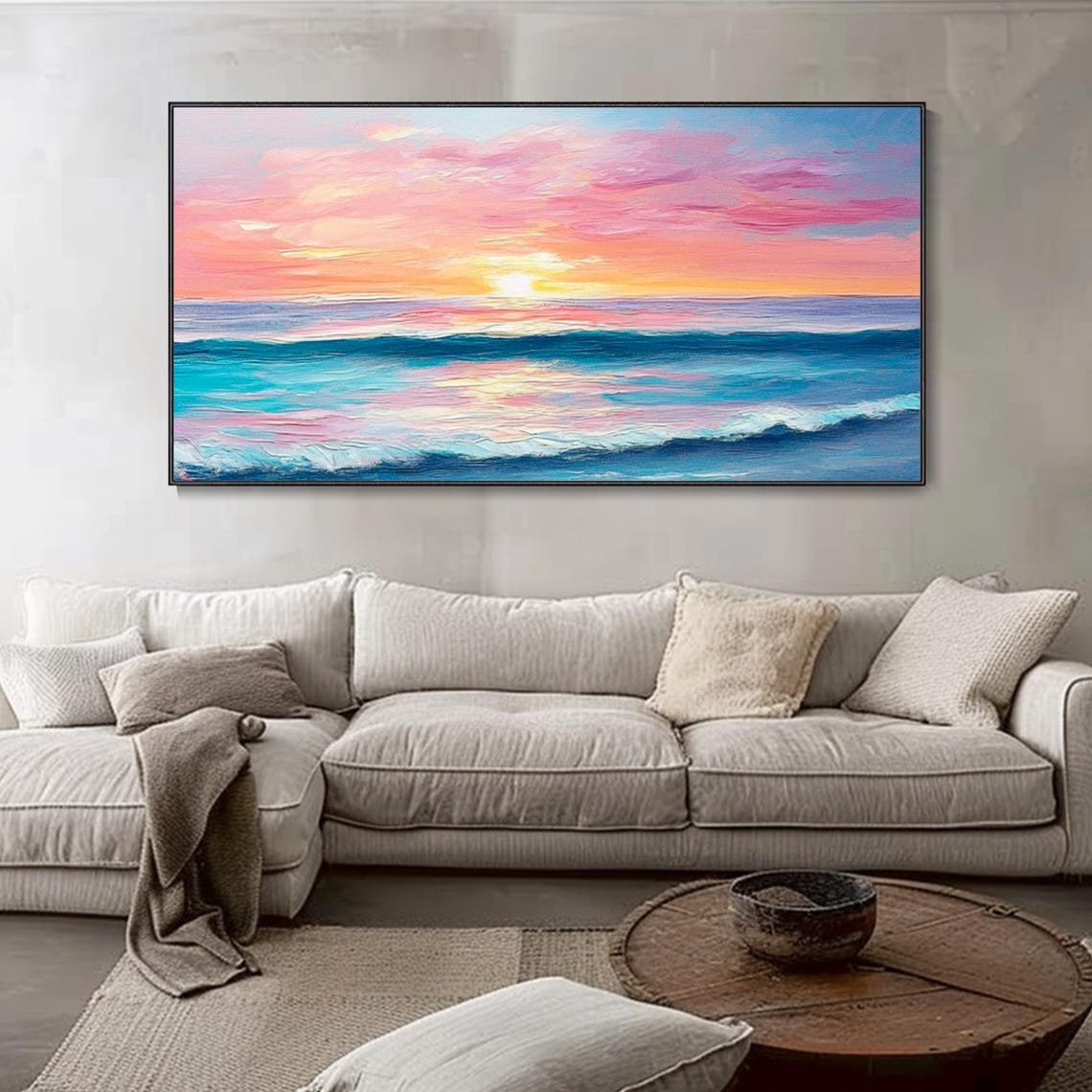 Pink Ocean Sunset Turquoise Waves Seascape Impasto Art Poster - Image 4