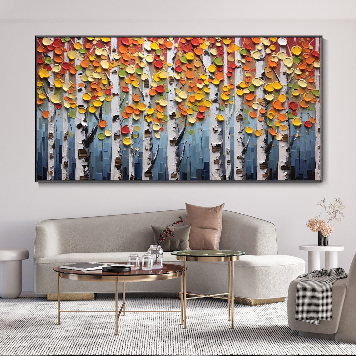 Autumn Birch Forest Red Gold Leaves Textured Warm Impasto Poster - Image 2