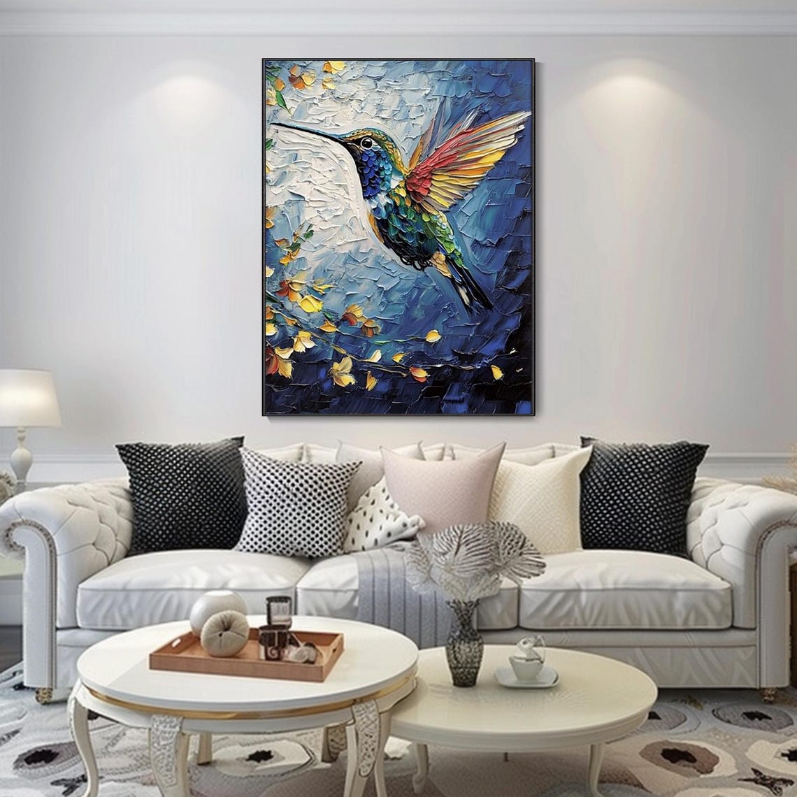 Colorful Hummingbird in Flight Blue Background Floral Art Poster - Image 2