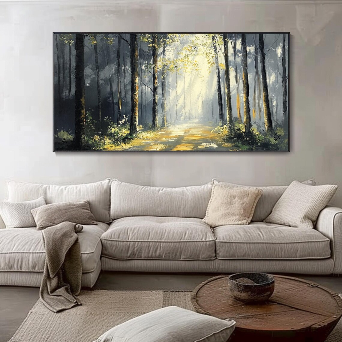Misty Forest Path Sunbeams Gray Green Moody Landscape Art Poster - Image 4