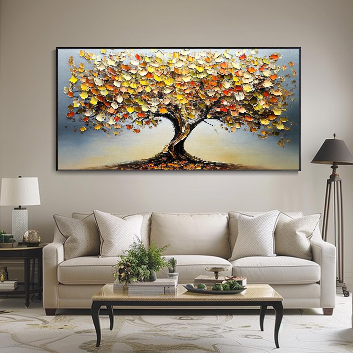 Gold Blooms Abstract Oil Painting, Tree Landscape Art Print - Image 2