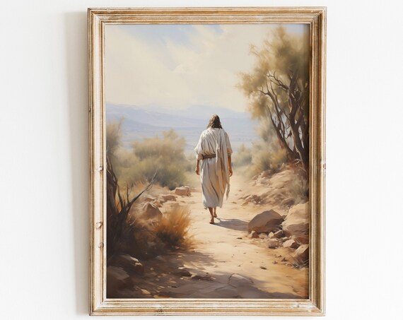 Jesus Walking on the Path Warm Tonal Christian Landscape Poster