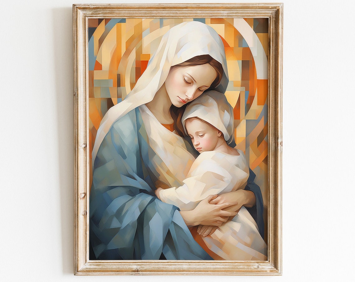 Virgin Mary and Baby Jesus Geometric Cubist Style Christian Poster