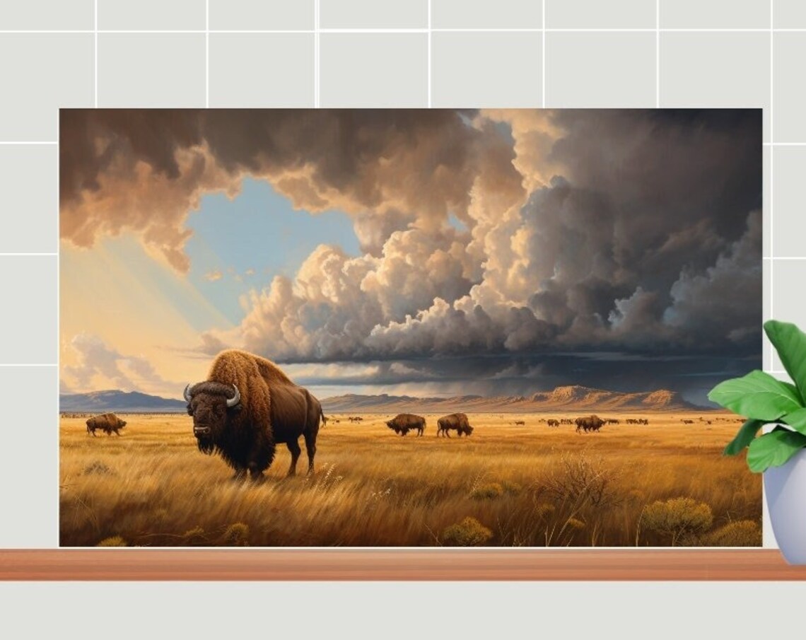 American Bison Herd on Golden Prairie Storm Clouds Wildlife Poster