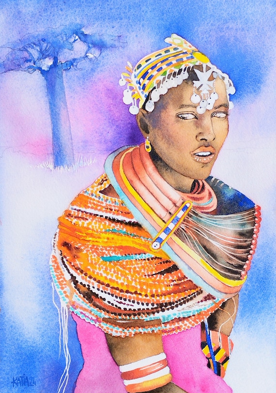 Painting Portrait Of African Woman With Jewelry Kenya Original Ethnic Watercolor Beautiful Black Massai Girl African Wall Art Handmade