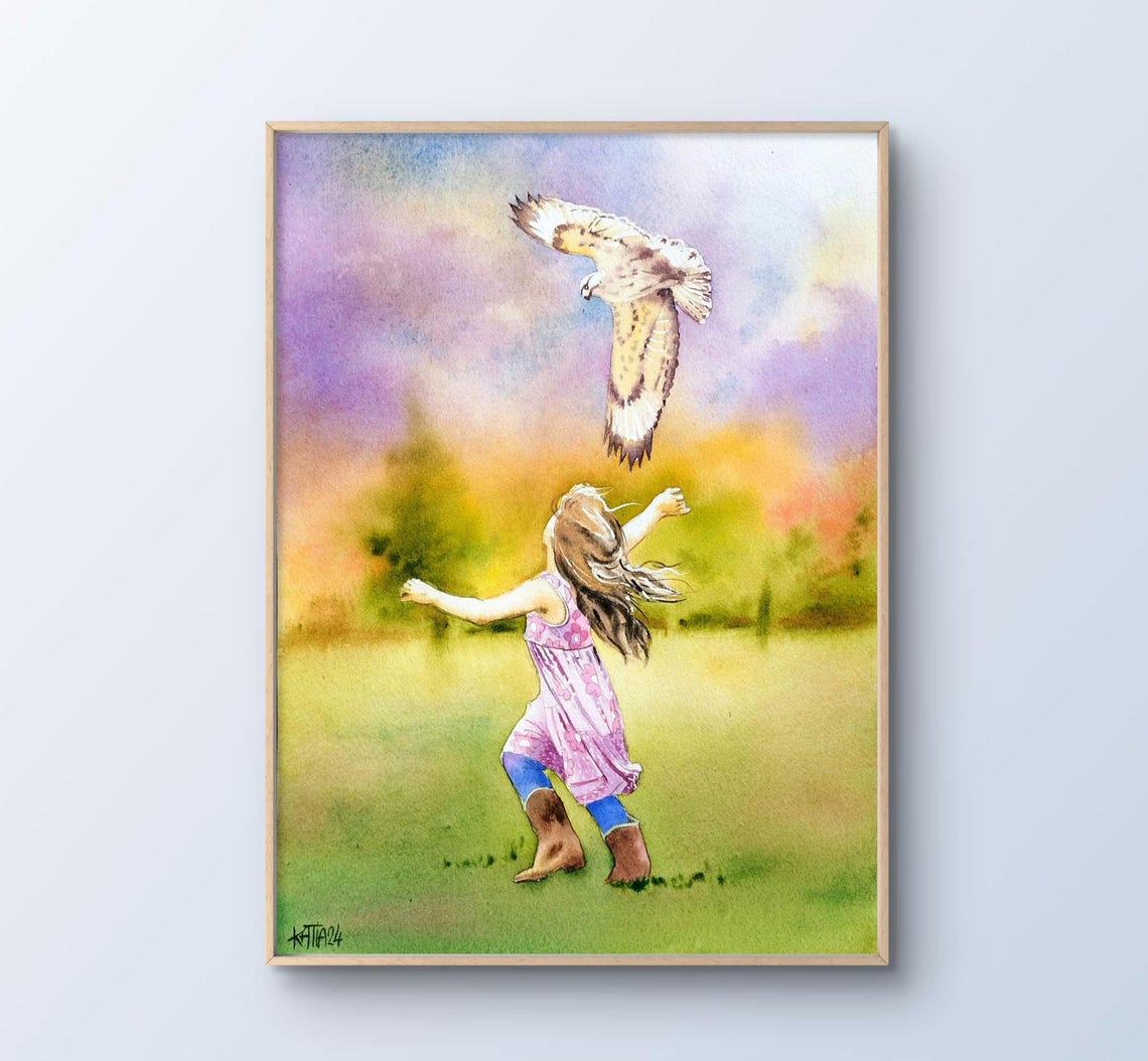 Little Girl And The Hawk Bird Original Watercolor Painting Of Couple Of Friends Childrens Illustration Handmade Poetic Wall Art
