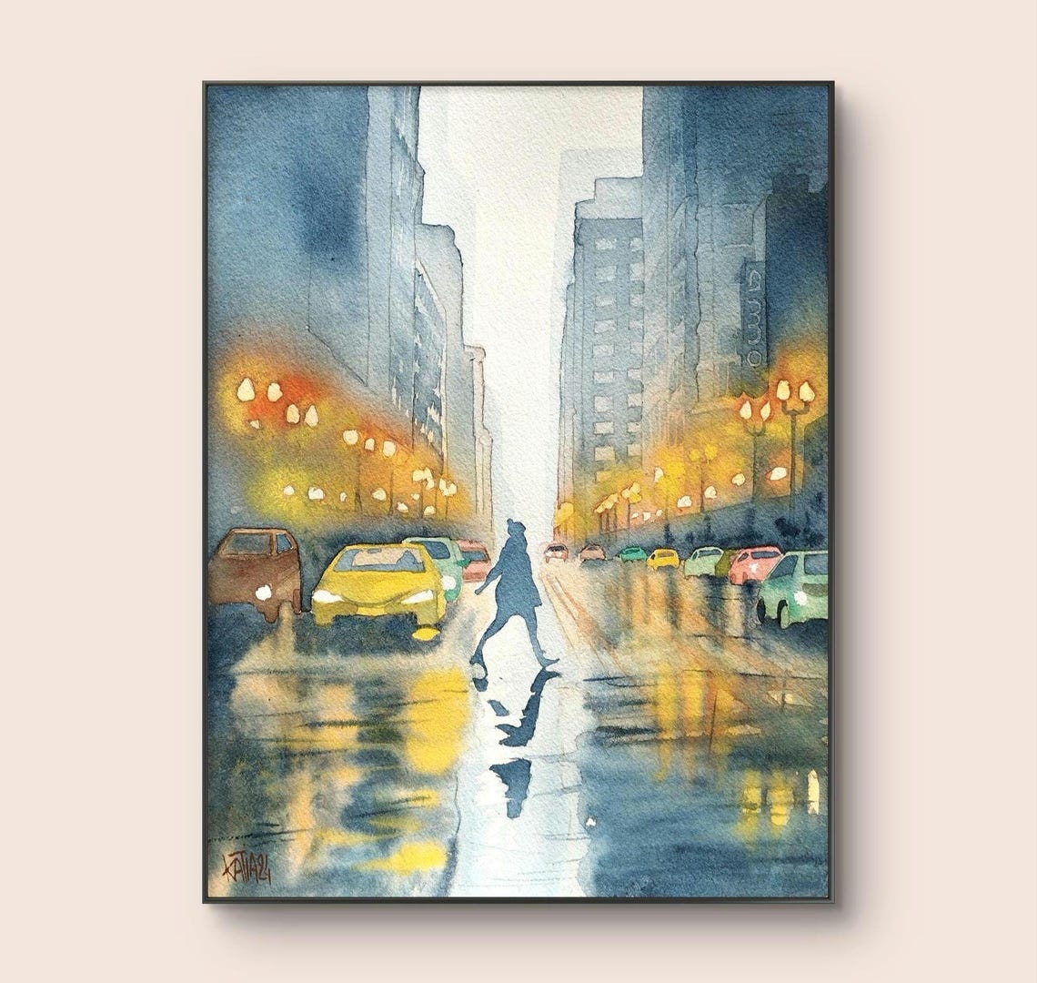 The City Girl Painting Of A Girl In The City New York And Its Illuminated Streets Houses And Cars Original Watercolor Wall Art Handmade