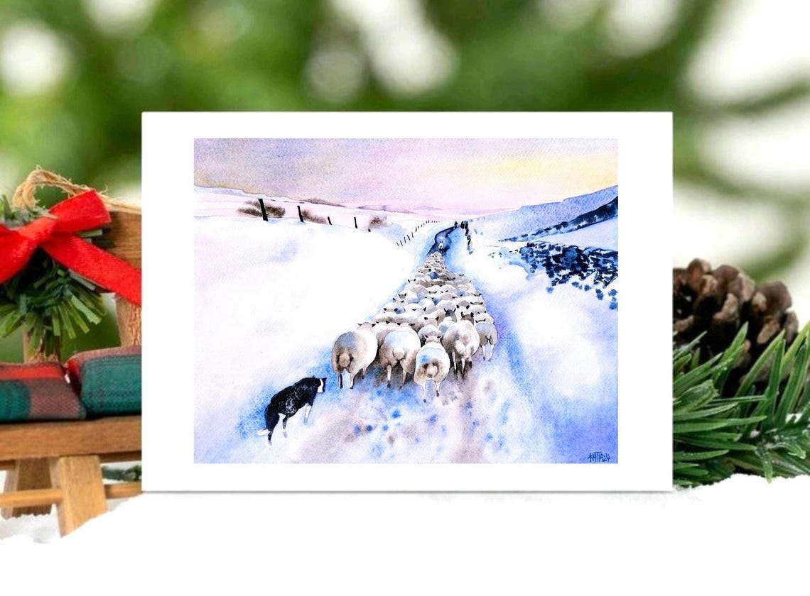 Border Collie Herding Sheep on a Snowy Winter Path Watercolor Poster