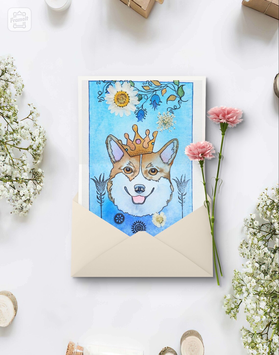 King Corgi Wearing A Golden Crown Watercolor Dog Portrait Art Poster
