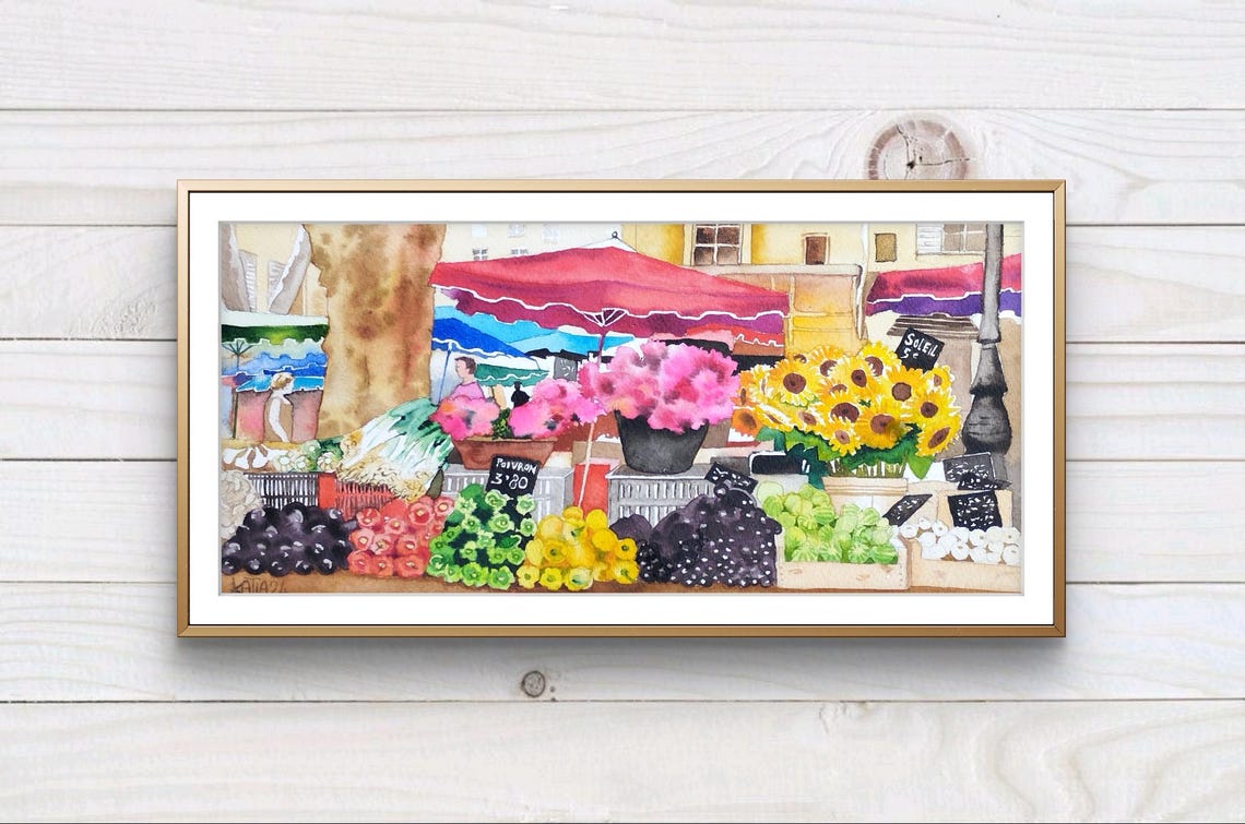The Market In Provence Colorful Painting Of Flowers Fruits Vegetables In The Village In France Original Watercolor Market Gardeners In The Sun Wall Art