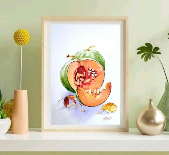 Sliced Orange Pumpkin Watercolor Autumn Kitchen Still Life Art Poster