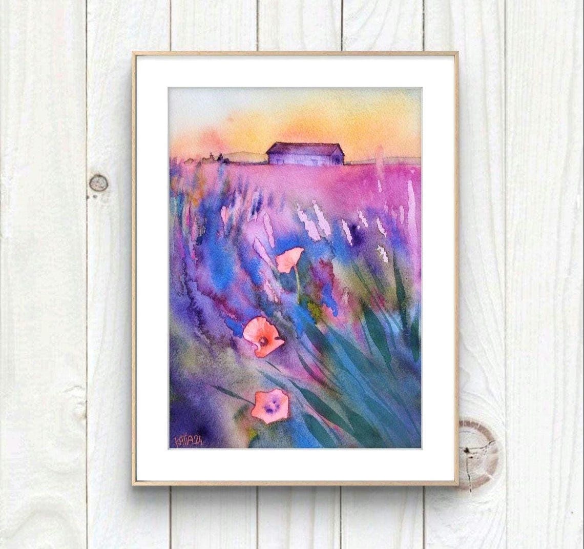 Lavender Fields At Sunset With Poppies Watercolor France Art Poster
