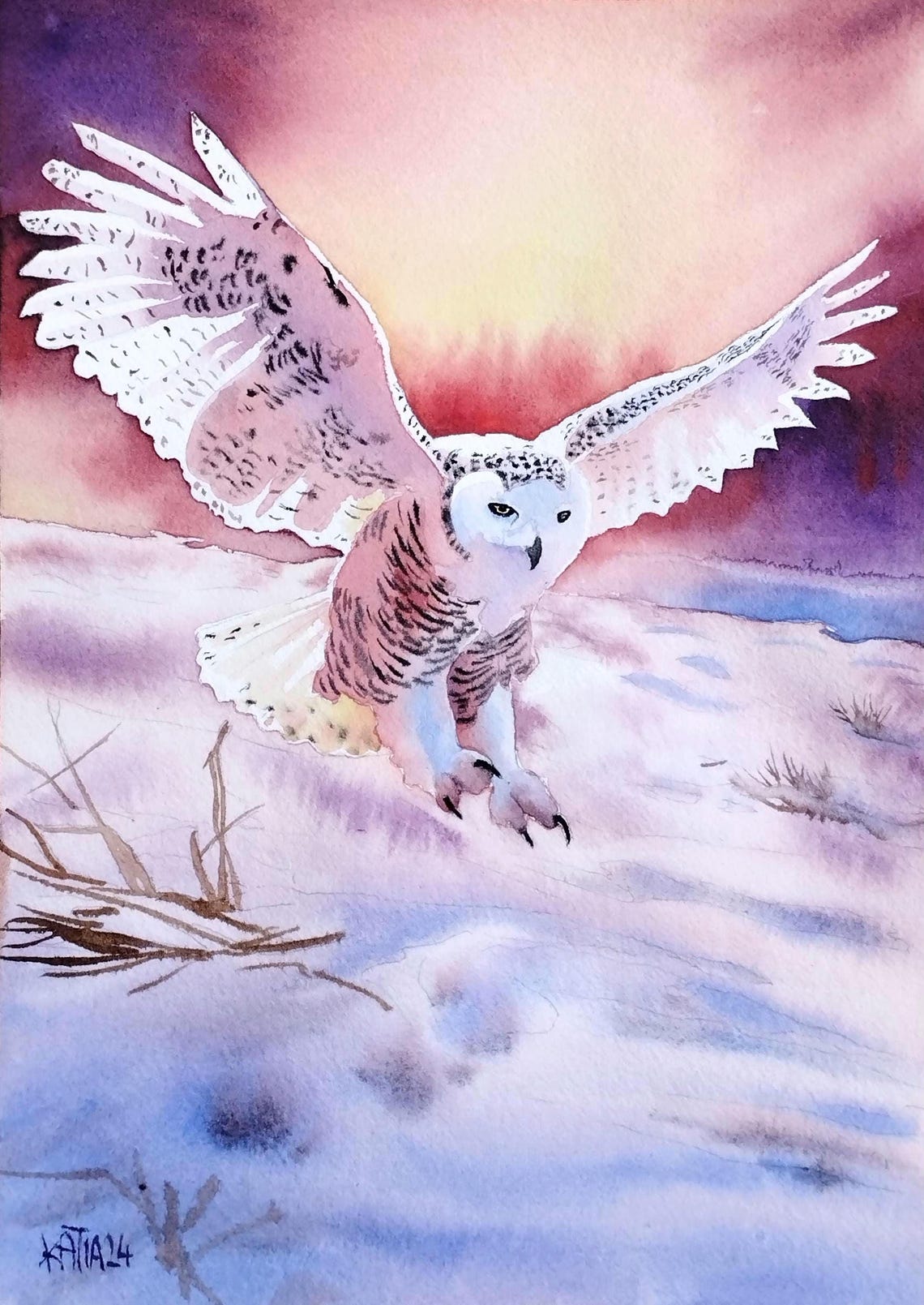 Snowy Owl in Flight Over a Winter Sunset Watercolor Art Poster