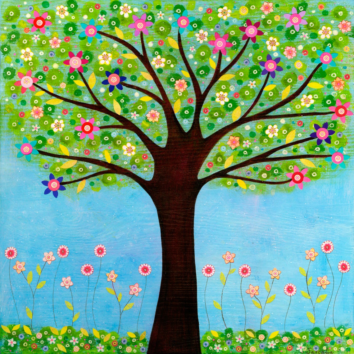 Flowering Tree with Bright Flowers under a Clear Blue Sky Poster