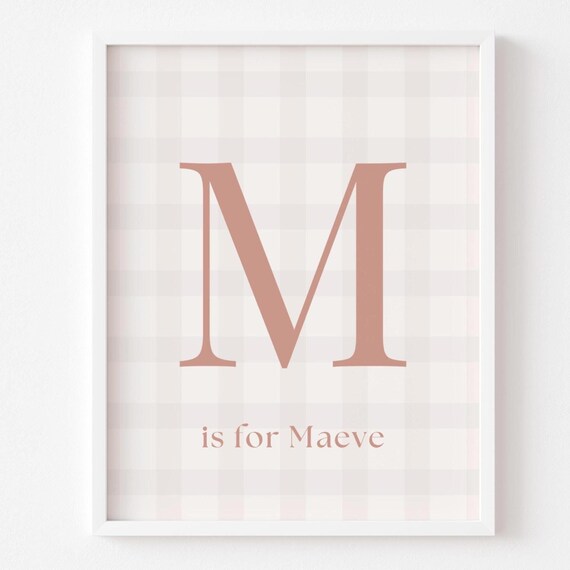 Custom Name And Initial Nursery Print Personalized Child Bedroom Decor Modern Gingham Wall Art Girls Gift