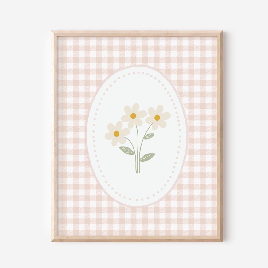 Sweet Daisy Flowers Oval Gingham Pink Nursery Girls Room Wall Art