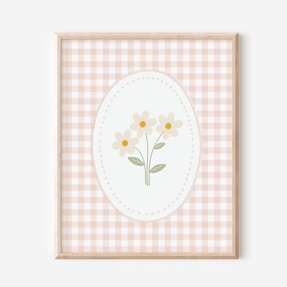Daisy Nursery Decor Girl Bedroom Neutral Color Gingham Wall Art Idea Sisters Room Flower Playroom