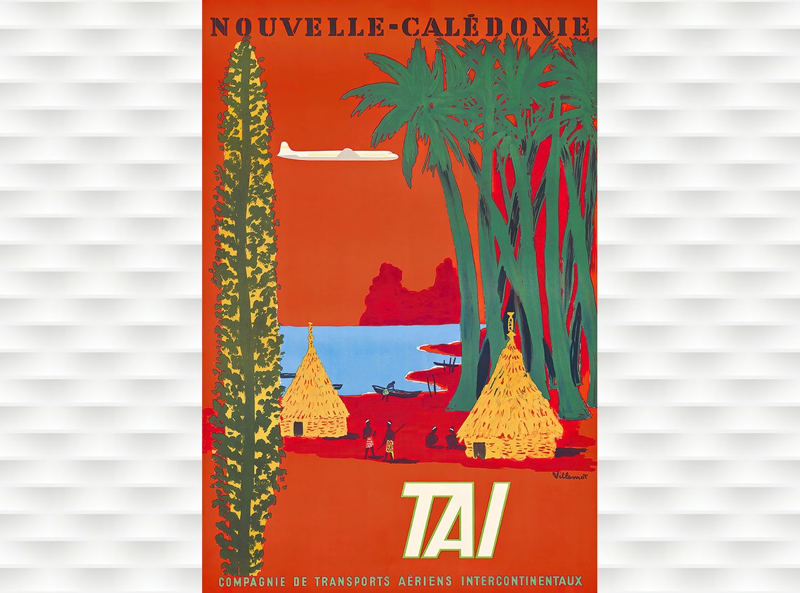 Nouvelle Caledonie TAI Airline Vintage Tropical Travel Poster