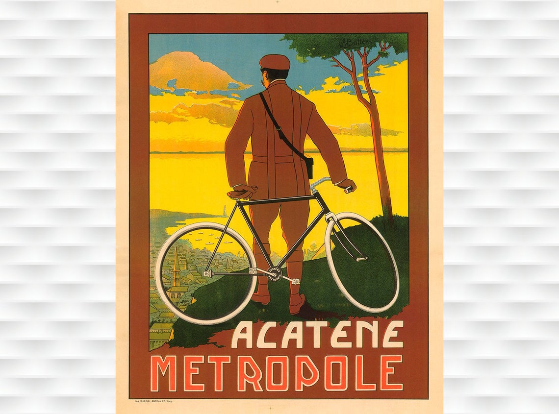 Acatene Metropole Vintage Bicycle Sunset French Advertising Poster