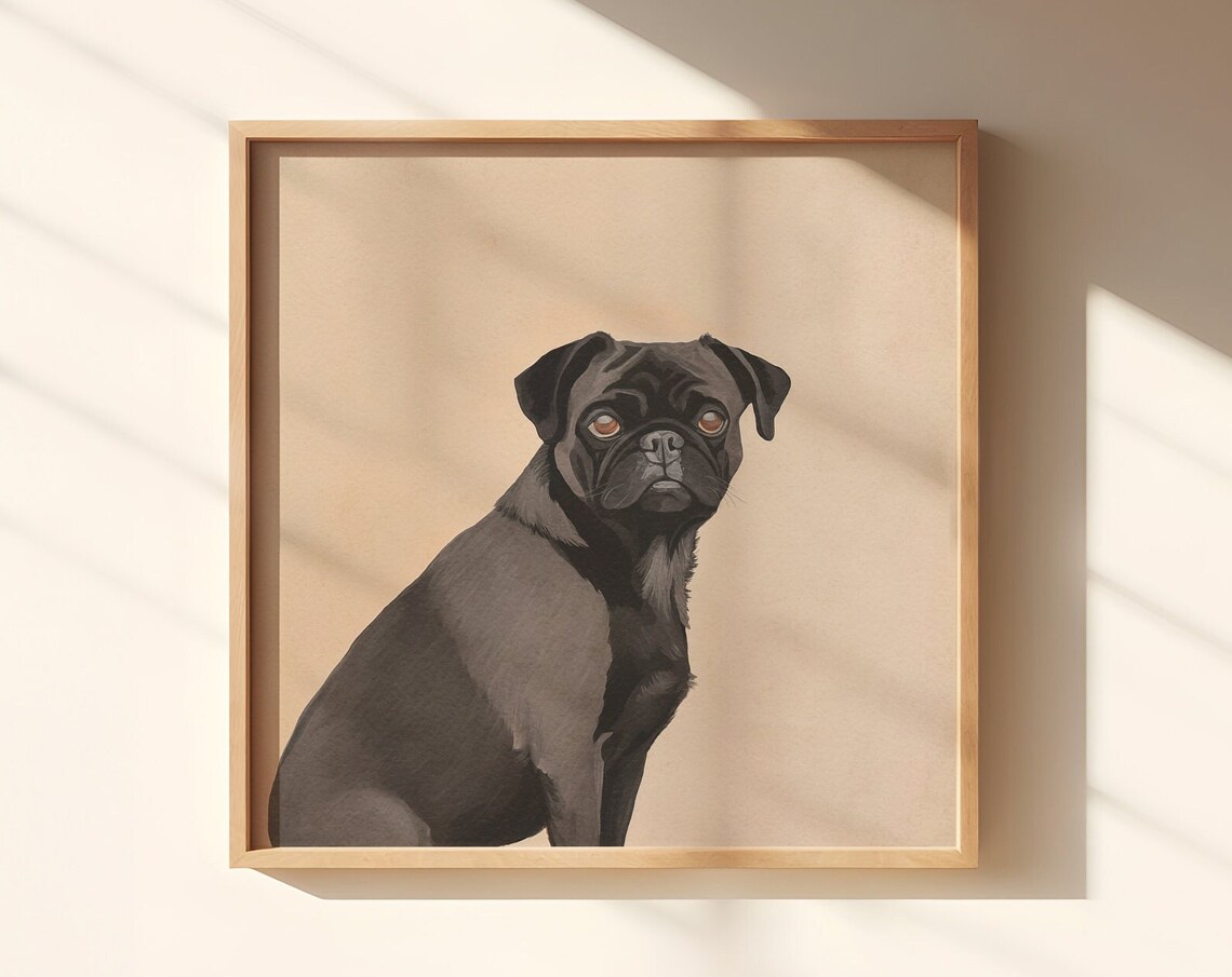 Black Pug Portrait Poster on Warm Beige Minimalist Background