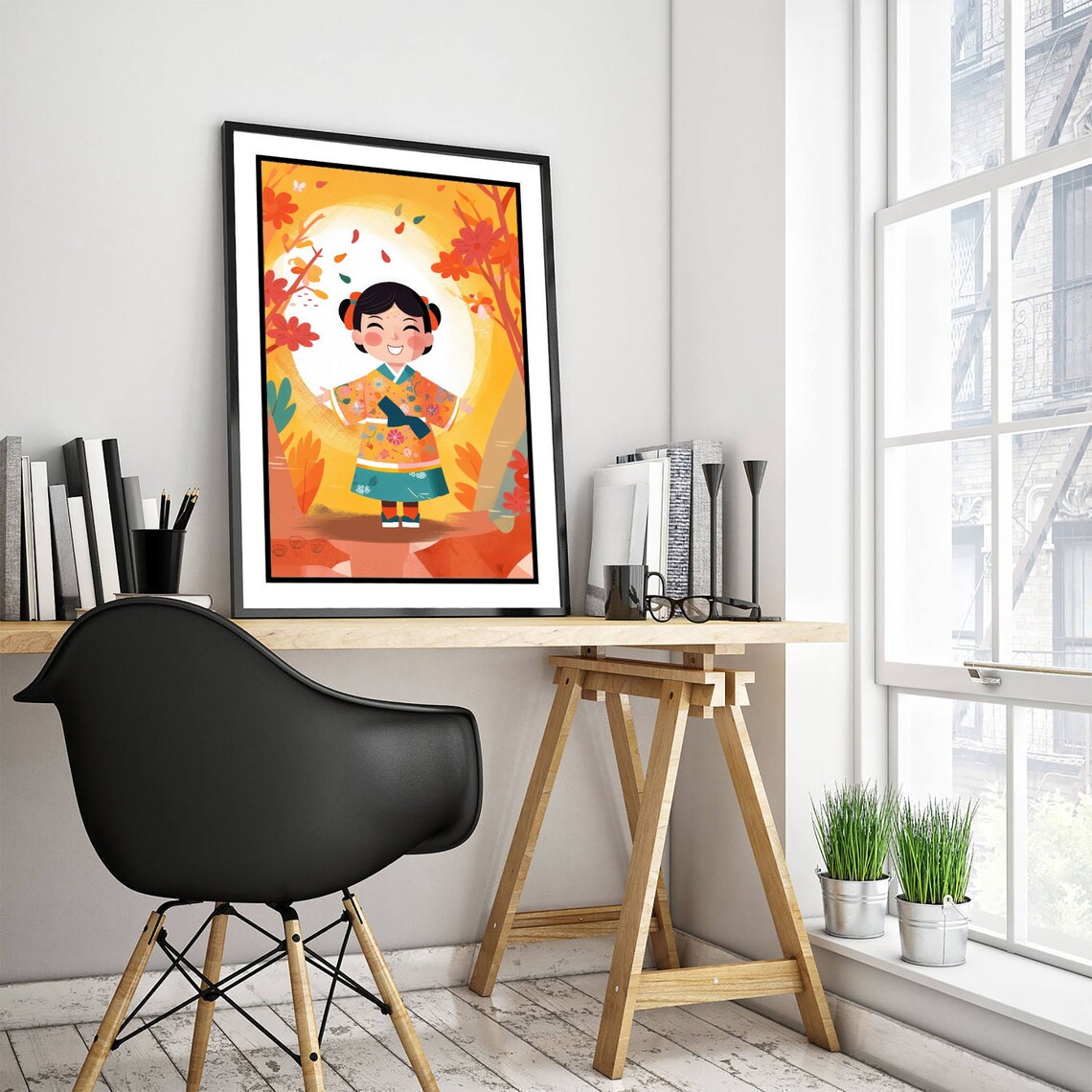Happy Girl in Hanbok Korean Dress Autumn Trees Kids Room Art Print - Image 3
