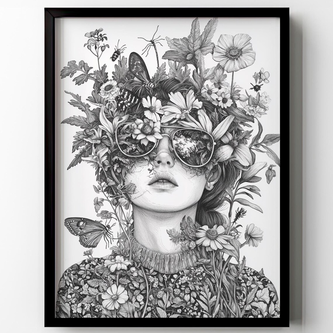 Wildflower Woman with Sunglasses Black and White Line Art Poster