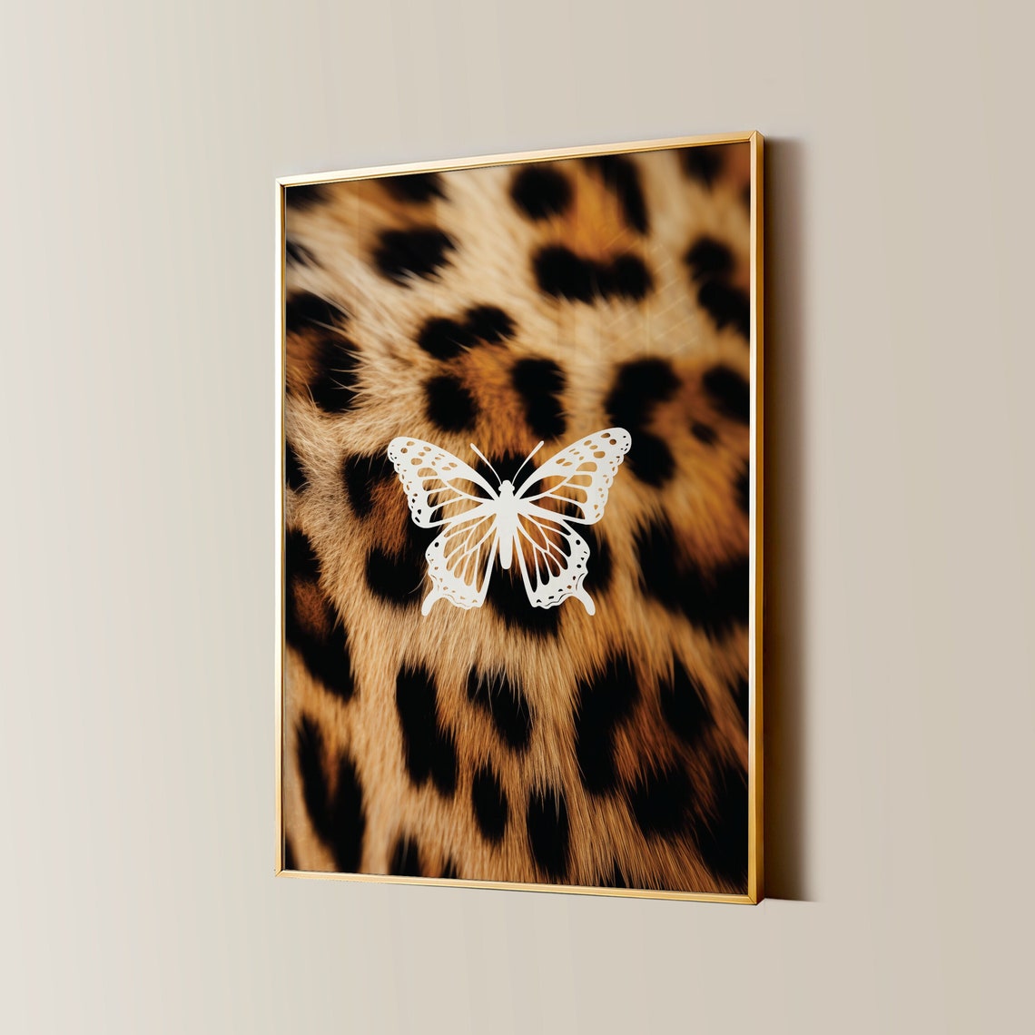 White Butterfly On Leopard Fur Bold Trendy Animal Graphic Poster