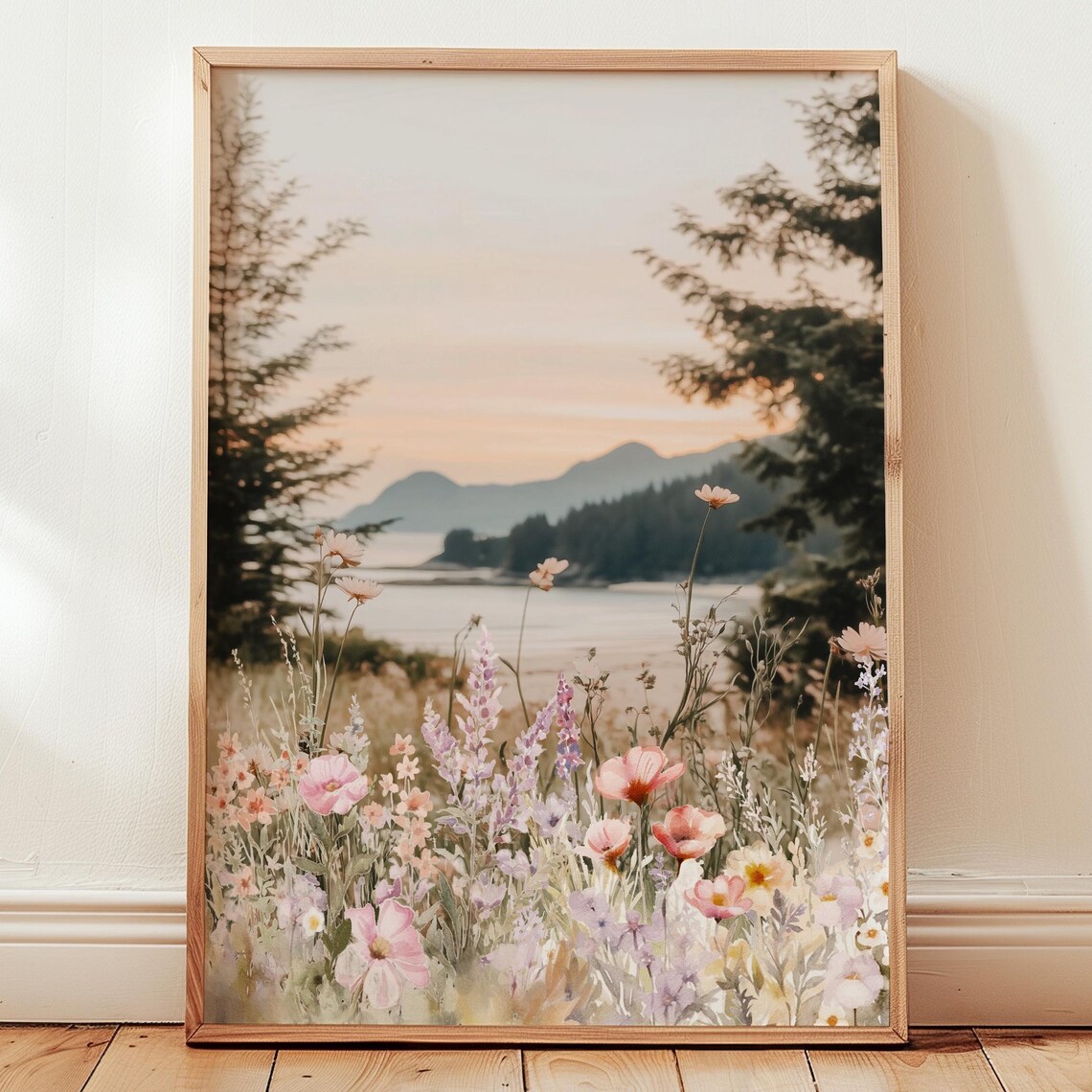 Wildflower Meadow By A Calm Lake At Sunset Nature Scene Poster