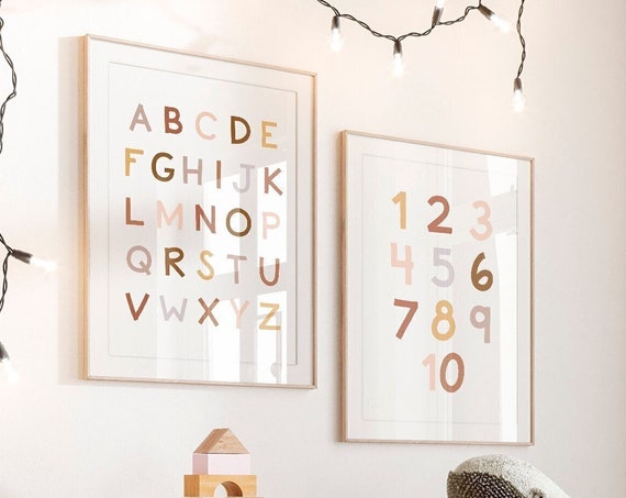 Neutral Alphabet And Numbers Print Boho Nursery Decor Abc Print Playroom Wall Art Neutral Boho Nursery Decor Classroom Art