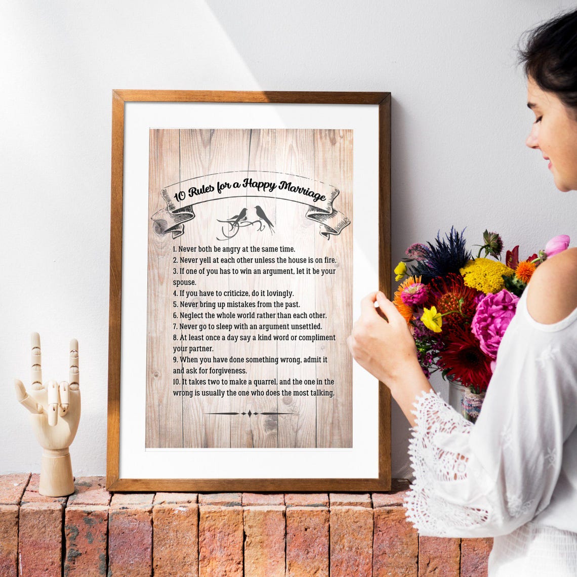 Ten Rules for a Happy Marriage Lovebirds Wood Background Wall Art - Image 8