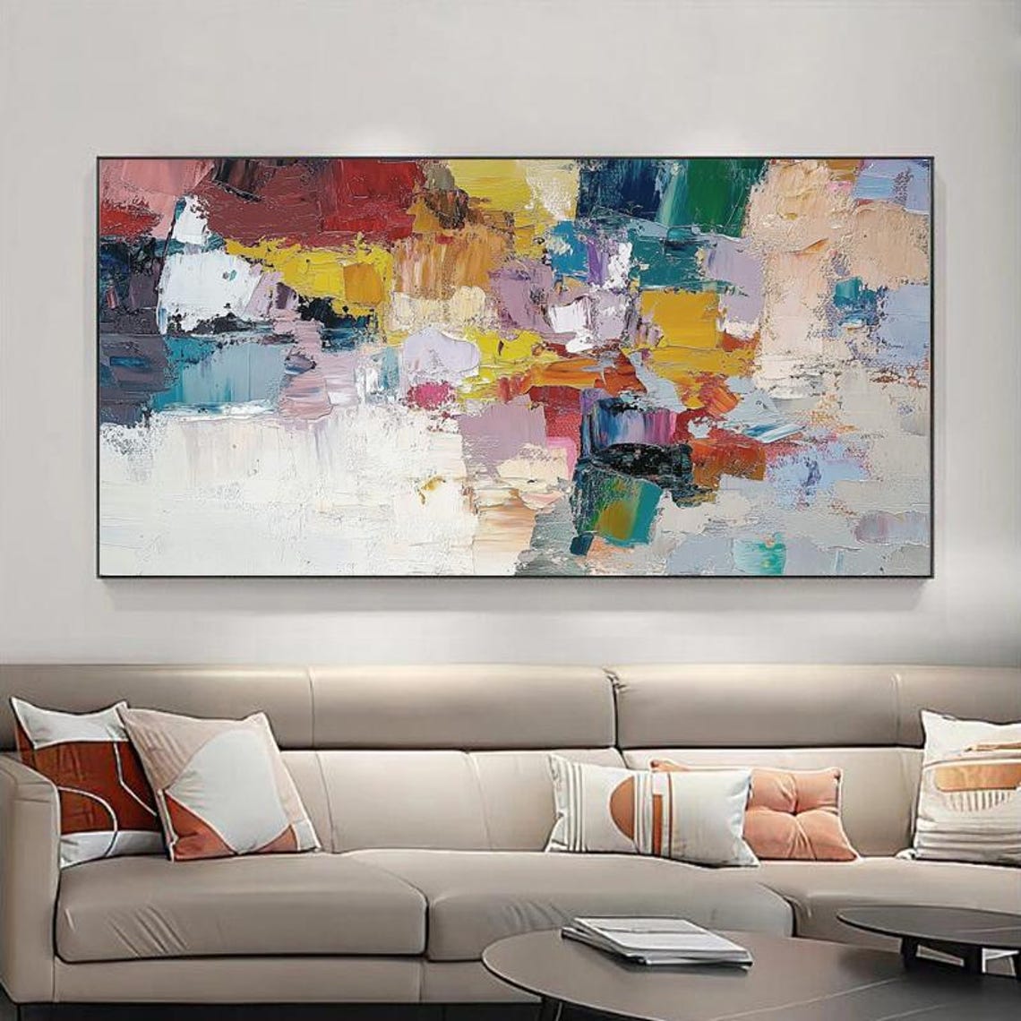 Vibrant Multicolor Impasto Abstract Panoramic Statement Wall Art