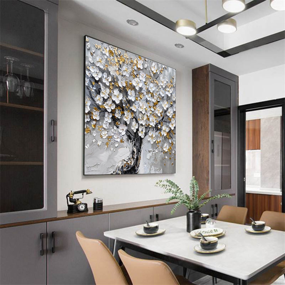 Tall White Cherry Blossom Tree With Golden Leaves Square Poster - Image 3