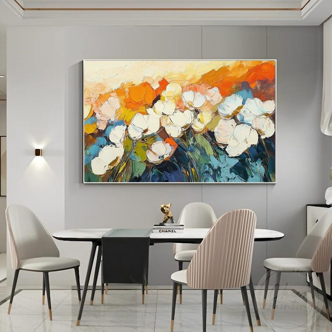White Anemone Flowers Over Orange Blue Abstract Thick Paint Art Poster - Image 6