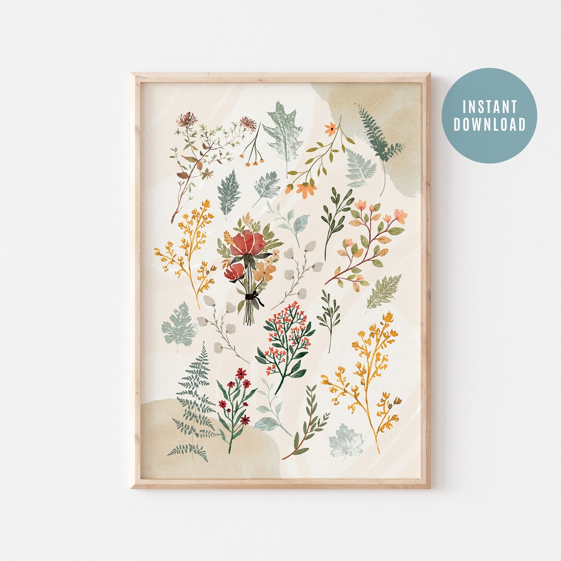 Autumn Botanical Wildflower Leaves Collage Warm Farmhouse Art Poster