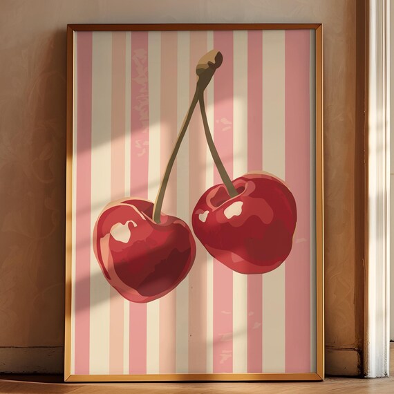 Cherries Retro Drawing Cherries Wall Art Kitchen Trendy Print Farmhouse Kitchen Posters Retro Kitchen Decor Fruit Wall Art