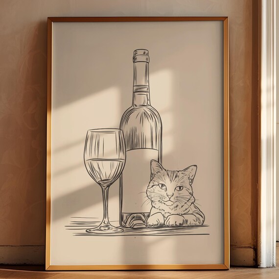 Cat Sitting Beside Wine Bottle and Glass Funny Kitchen Line Art Poster