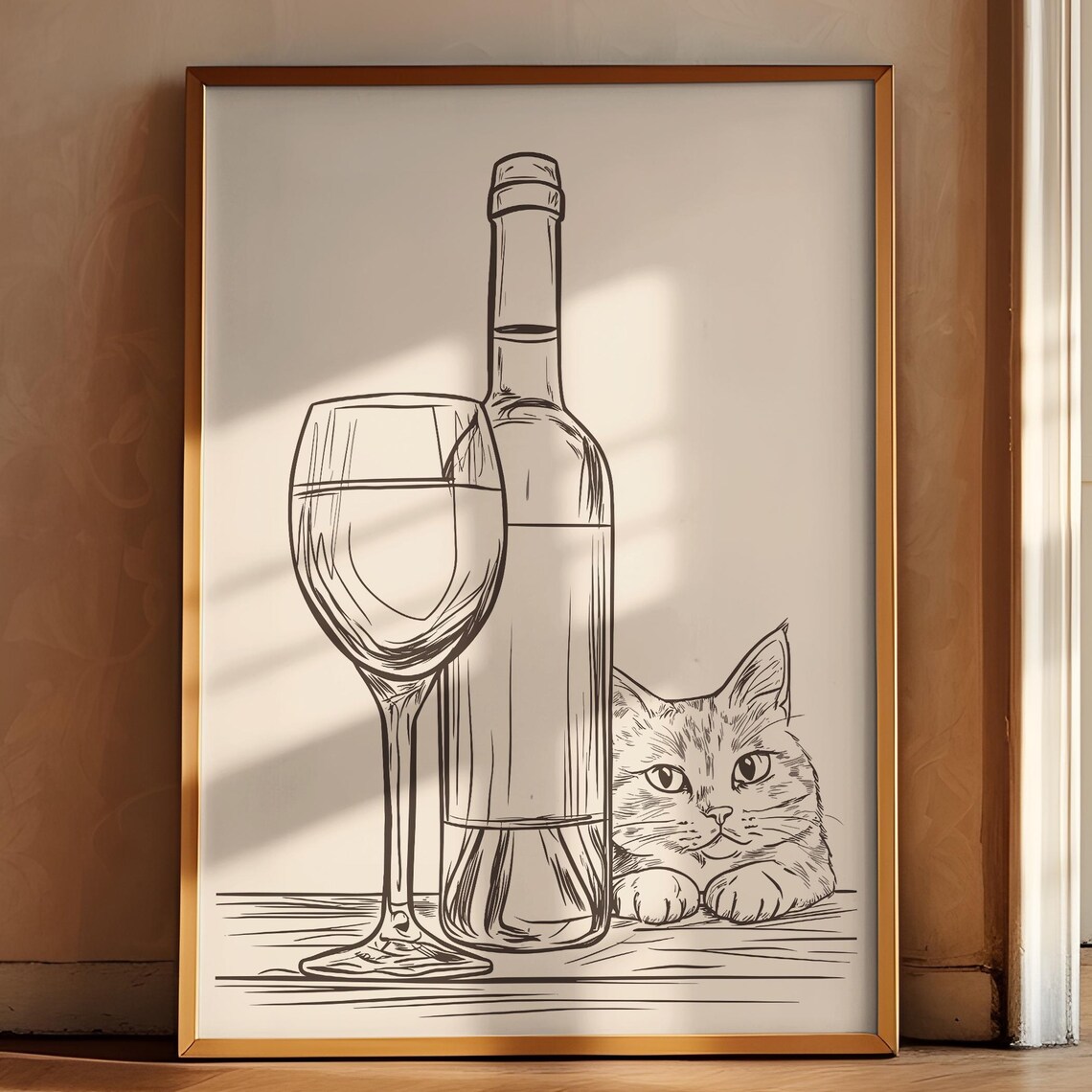 Curious Cat Peeking Behind Wine Bottle Funny Kitchen Line Art Poster