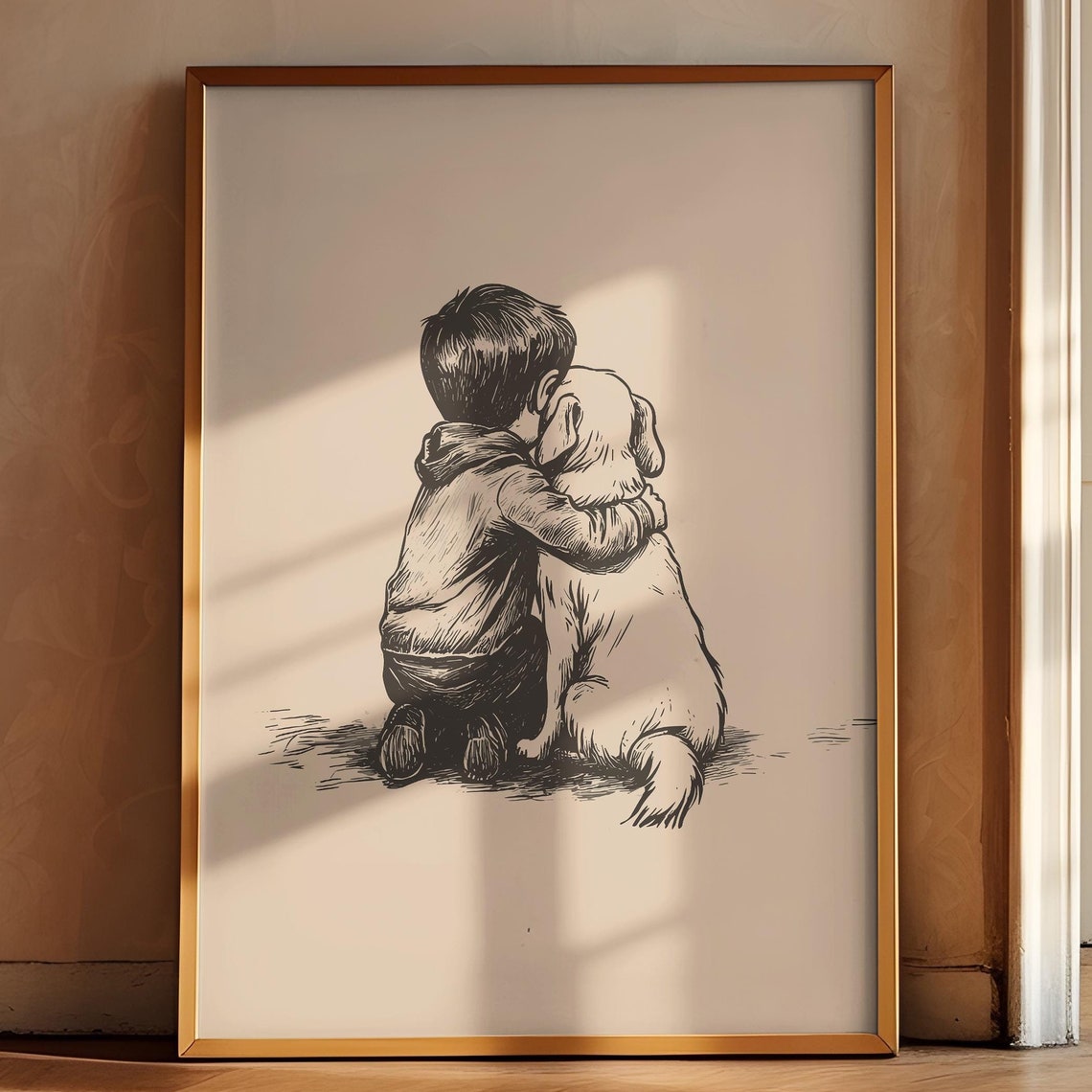 Nursery Vintage Print Boy And A Dog Poster Dog Wall Art Antique Vintage Drawing Farmhouse Country Art Decor Dog Painting Retro Dog Art