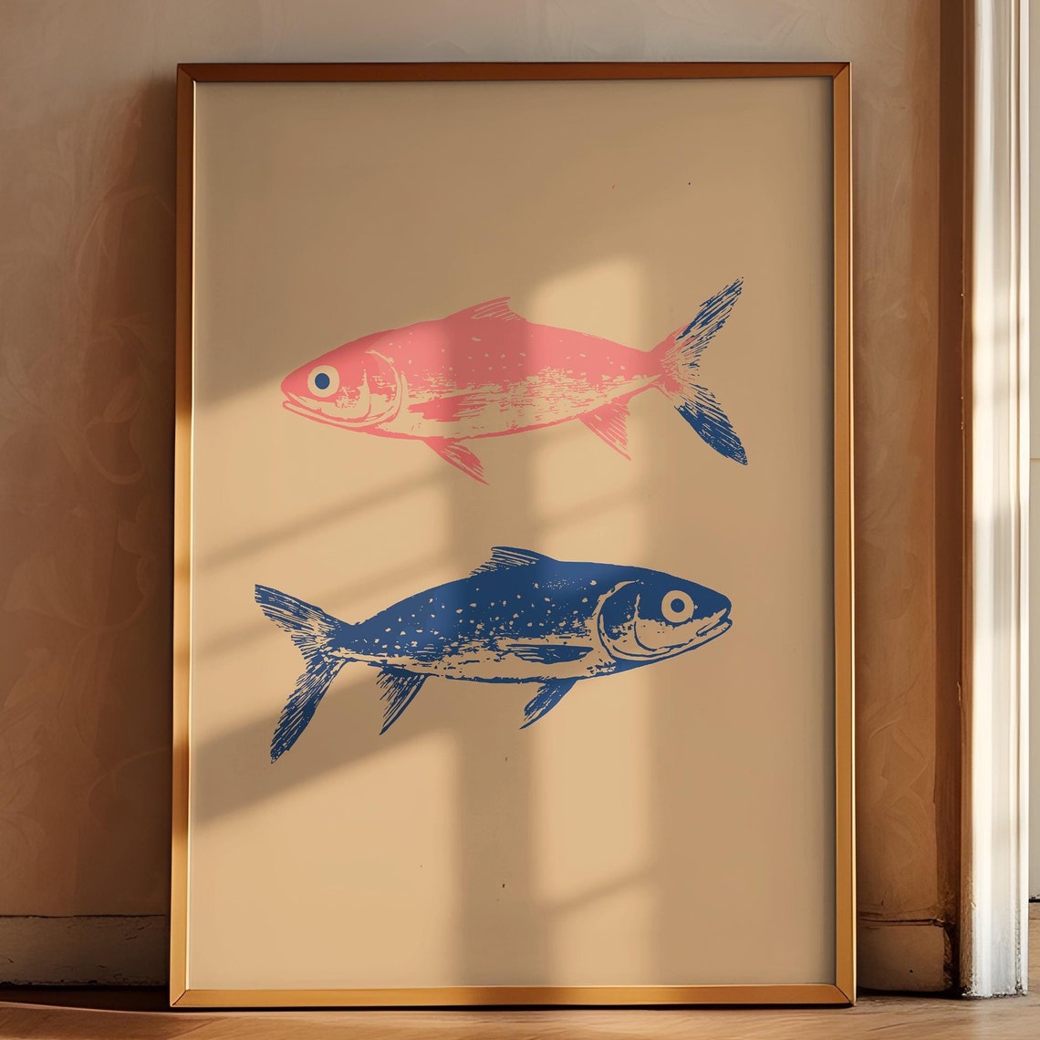 Pink Blue Fish Wall Decor Mackerel Retro Print Farmhouse Kitchen Painting Fish Art Kitchen Poster Trendy Food Art Vintage Kitchen Art