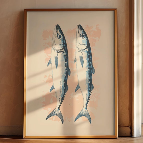 Mackerel Vintage Print Farmhouse Kitchen Art Painting Fish Wall Art Kitchen Poster Trendy Food Art Retro Kitchen Art Fish Wall Decor